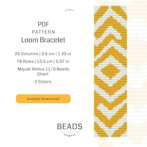 May include: A PDF pattern for a loom bracelet with a geometric design. The pattern is for a bracelet that is 1.33 inches wide and 5.37 inches long. It uses Miyuki Delica 11/0 beads and requires two colors.