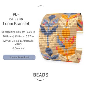 Puede incluir: Un patrón de brazalete de telar colorido en formato PDF. El patrón es para un brazalete que tiene 3,5 cm de ancho y 13,5 cm de largo. Requiere 6 colores de cuentas Miyuki Delica 11/0. El patrón incluye un gráfico e instrucciones para crear el brazalete.