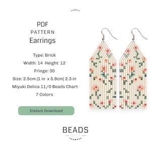 May include: A PDF pattern for beaded earrings with a floral design. The earrings are 2.5 inches long and made with Miyuki Delica 11/0 beads. The pattern includes 7 colors and is available for instant download.