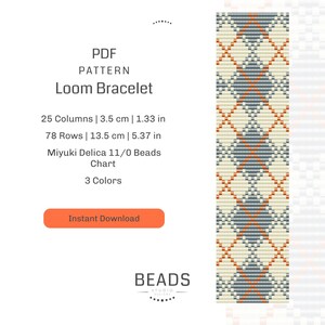 May include: A PDF pattern for a loom bracelet featuring a geometric design in orange, blue and white. The pattern is for a bracelet that is 3.5 cm wide and 13.5 cm long. It requires 25 columns and 78 rows of Miyuki Delica 11/0 beads.