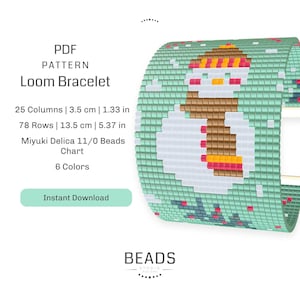 May include: A PDF pattern for a loom bracelet featuring a snowman design. The bracelet is 1.33 inches wide and 5.37 inches long. It requires 6 colors of Miyuki Delica 11/0 beads.