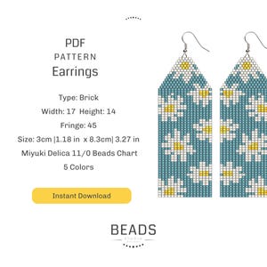 May include: A PDF pattern for beaded earrings featuring a daisy design. The earrings are 1.18 inches wide and 3.27 inches long. The pattern is for Miyuki Delica 11/0 beads and uses 5 colors.