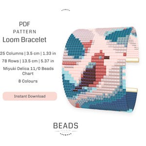 May include: A colorful loom bracelet pattern with a geometric design in shades of pink, blue, and red. The pattern is for a bracelet that is 1.33 inches wide and 5.37 inches long. The pattern is made with Miyuki Delica 11/0 beads and includes a chart with 8 colors.