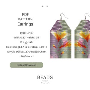 以下が含まれることがあります： ビーズのイヤリングのPDFパターン。イヤリングは幅4cm、高さ7.8cmです。パターンにはミユキデリカ11/0ビーズを使用し、14色が必要です。イヤリングは、グレーの背景にオレンジ、イエロー、ピンク、パープルのビーズで花柄のデザインが施されています。