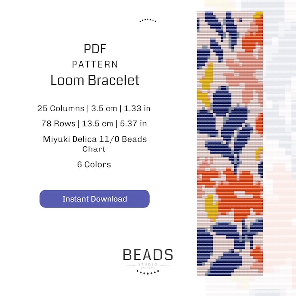 Beading Bracelet Pattern,  Floral Native Bead Loom Pattern, Miyuki Delica Bracelet PDF digital file, handmade  jewellery orange blue   color