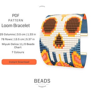 May include: A colorful loom bracelet pattern featuring a skull design. The pattern is for a bracelet that is 1.33 inches wide and 5.37 inches long. The pattern uses 7 colors of Miyuki Delica 11/0 beads. The pattern is available for instant download. PDF PATTERN Loom Bracelet 25 Columns | 3.5 cm | 1.33 in 78 Rows | 13.5 cm | 5.37 in Miyuki Delica 11/0 Beads Chart 7 Colours Instant Download BEADS STUDIO
