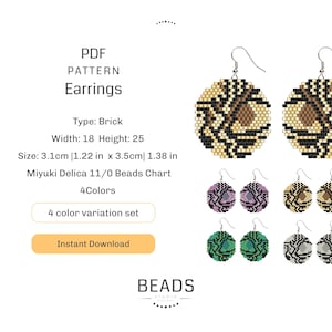 Puede incluir: Un patrón PDF para pendientes de cuentas. Los pendientes son de punto de ladrillo y presentan un diseño geométrico en marrón, negro y blanco. El patrón es para cuentas Miyuki Delica 11/0 e incluye 4 variaciones de color. Los pendientes miden 3,1 cm de ancho y 3,5 cm de alto.