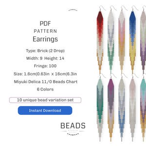 May include: PDF pattern for beaded earrings. The earrings are made with Miyuki Delica 11/0 beads and are 6.3 inches long. The pattern includes 10 unique bead variations and is available for instant download.