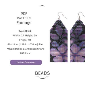 May include: PDF pattern for a pair of beaded earrings. The earrings are made with Miyuki Delica 11/0 beads and feature a brick stitch design with a floral motif in shades of purple and black. The earrings are approximately 3 inches long and 1.18 inches wide.