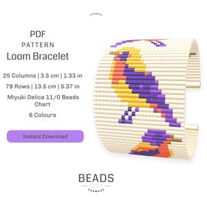 Puede incluir: Patrón PDF para un brazalete de telar con un diseño de pájaro colorido. El brazalete mide 3,5 cm de ancho y 13,5 cm de largo, hecho con cuentas Miyuki Delica 11/0 en 6 colores. Descarga instantánea.