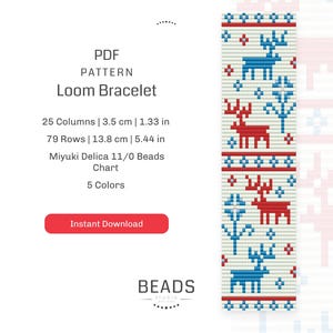 May include: A PDF pattern for a loom bracelet featuring a red and blue reindeer design. The pattern is 3.5 cm wide and 13.8 cm long, and uses 5 colours of Miyuki Delica 11/0 beads. The pattern is for instant download.