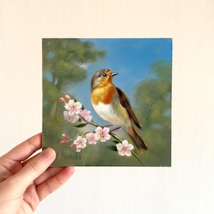Painting Robin Bird original, Small oil painting 6 х 6, bird, gift for mom, Bird on a flowering branch