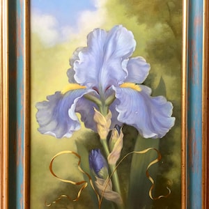 Blå iris oljemålning inramad blommig väggkonst original lila irismålning linneduk liten blommig konst botanisk konst fin konst Frolova