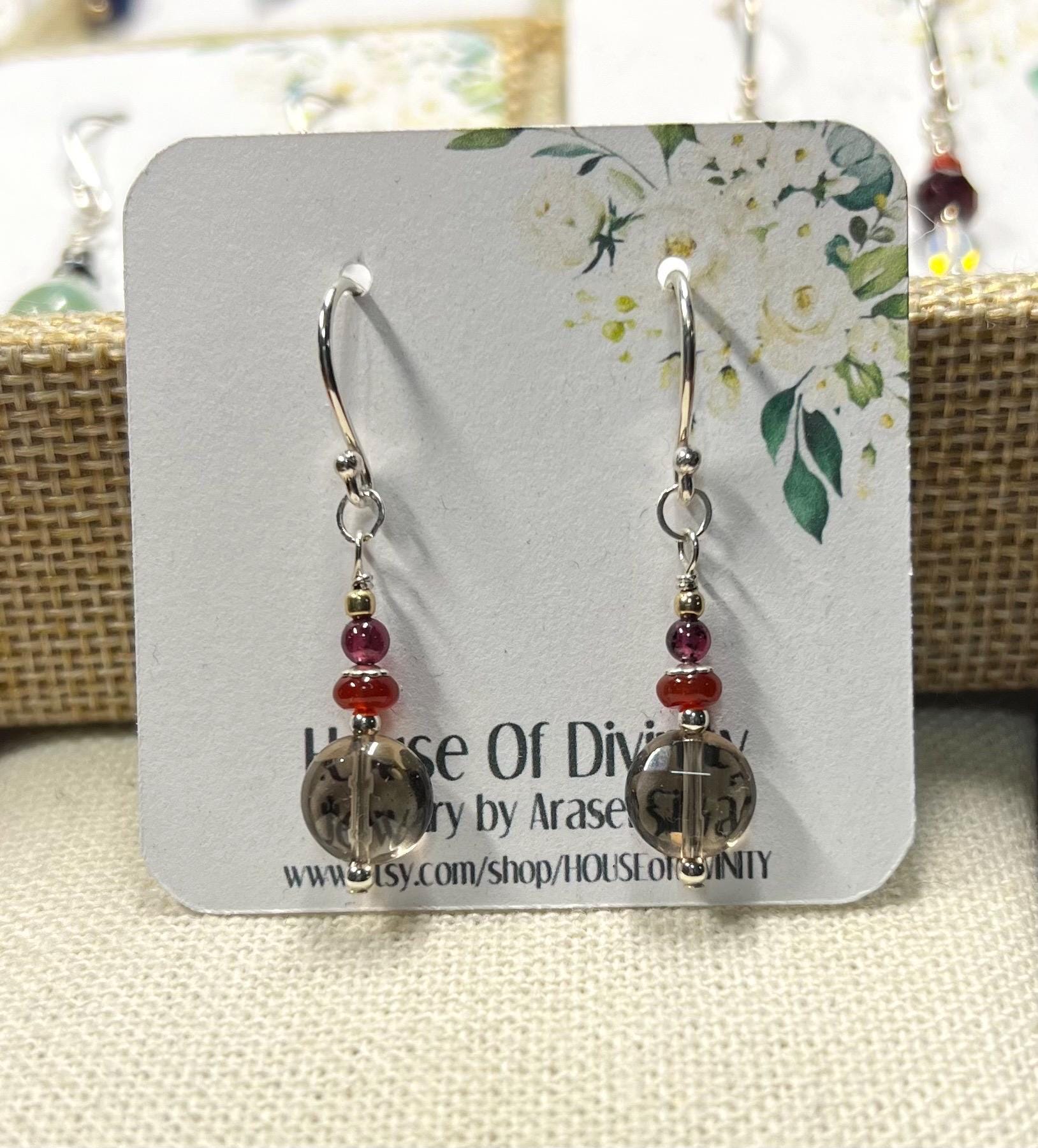 Smoky Quartz Earrings With Carnelian Garnet • Small Sterling