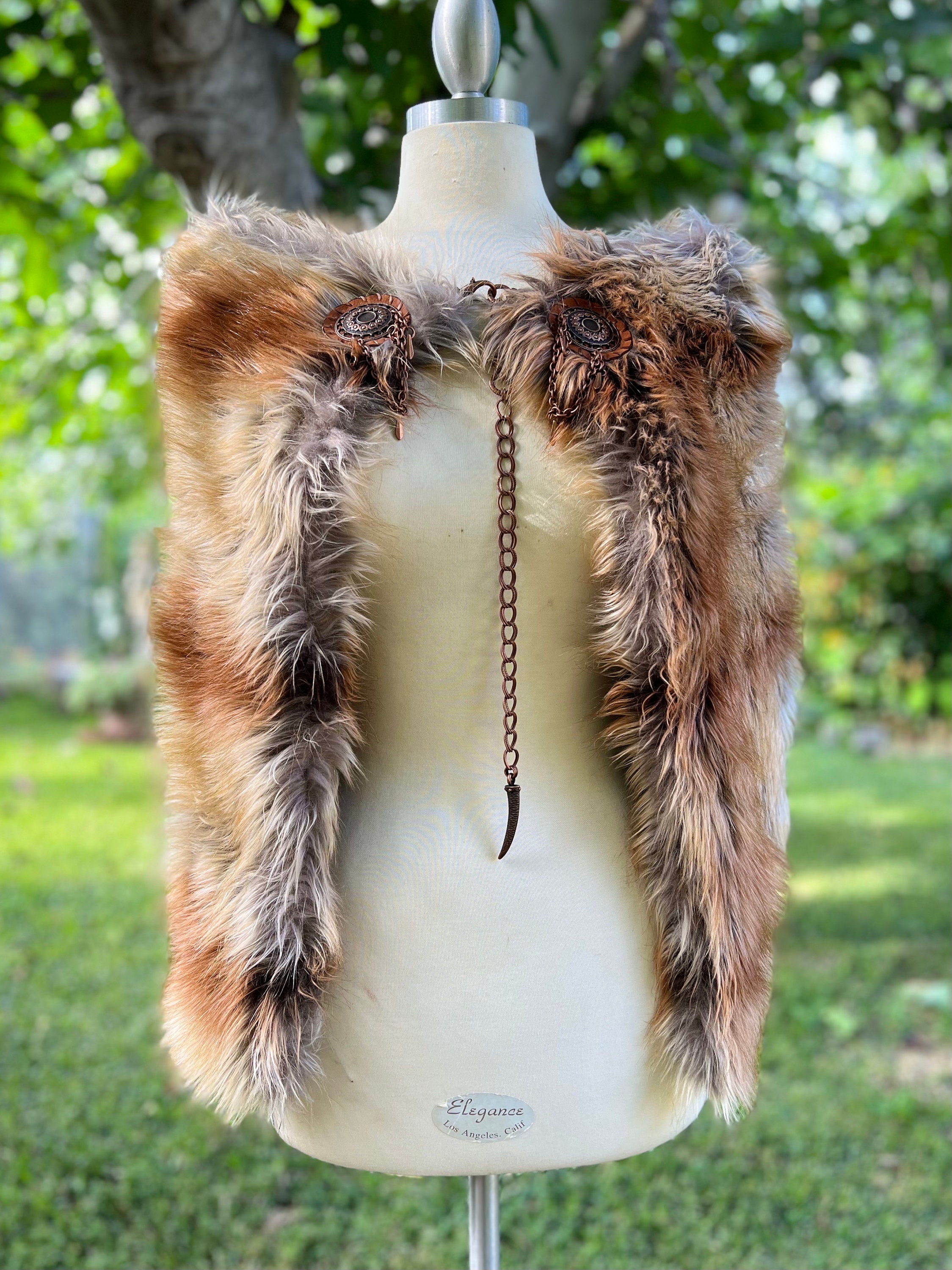 Men's Short Hooded Viking Faux Fur Vest in Gray Brown XL / Custom