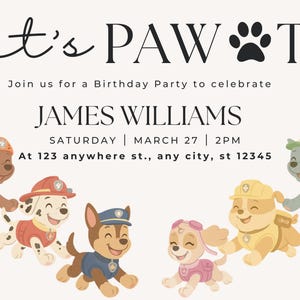 Invitación de cumpleaños editable de la Patrulla de Cachorros / Tema de perro rescatado / Invitación Let's Pawty / Descarga digital / Fiesta de cumpleaños de cachorros imprimible