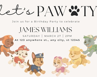 Può includere: Invito per una festa di compleanno con la scritta "let's PAWTY" e un'impronta di zampa. Presenta cani dei cartoni animati in vari abiti. Dettagli della festa: James Williams, sabato 27 marzo, ore 14:00 e indirizzo.