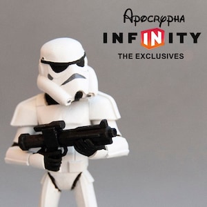 May include: White plastic action figure of a Star Wars Stormtrooper holding a black blaster. The figure is standing on a black base with the words "Apocrypha Infinity The Exclusives" printed on it.