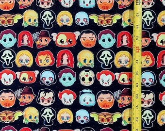 Cute Ha Lo Win Characters Faces Chibi Black Fabric ( 2 Size Selections - 18" x 58" and 36" x 58") Brand NEW