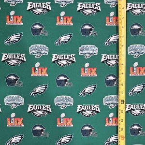 May include: Green fabric with a repeating pattern of Philadelphia Eagles logos, including the team's name, the Super Bowl trophy, and the words "Super Bowl Champions".