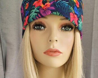 Hawaiin Troplical Flowers Blue Medical Nurse Scrub Cap with 2 size selections