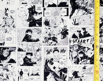 JJK Anime Black & White Manga Fabric ( 2 Size Selections: 18" x 58" and 36" x 58" ) Brand New