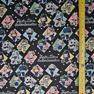 May include: Black fabric with a repeating pattern of white diamonds. Each diamond contains a cartoon character from the anime Jujutsu Kaisen and a character from the Sanrio brand. The text "Jujutsu Kaisen Sanrio characters" appears multiple times on the fabric.
