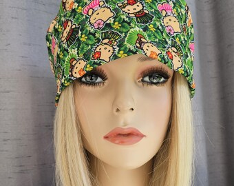 HK Hawaiian Tropical Flowers Green Medical Nurse Scrub Cap with 2 size selections