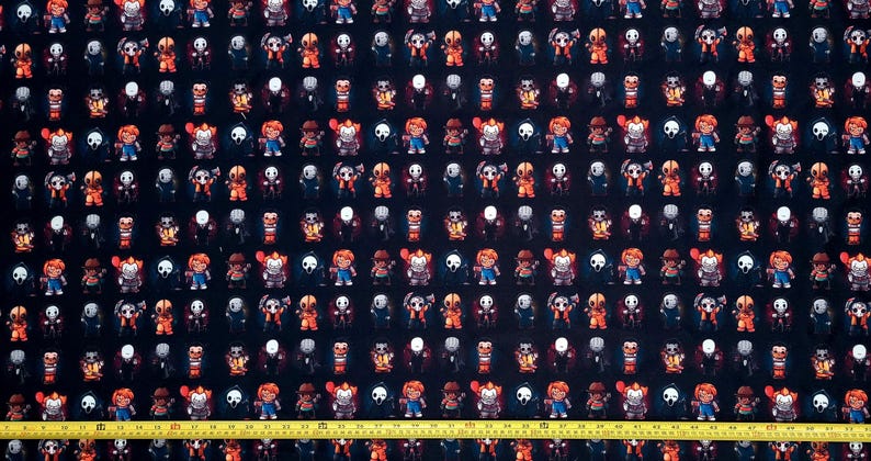 Jason Repeating Pattern Cute Ha Lo Win Characters Chibi Black Fabric ( 2 Size Selections - 18 ...
