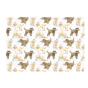 May include: A white background with a repeating pattern of brown and white dogs wearing party hats. The dogs are holding party favours and confetti is scattered throughout the pattern.