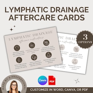 Kaarten voor nazorg lymfedrainage, kaarten nazorg lymfedrainage voor massagetherapeuten, schoonheidsspecialisten en medische spa's, bewerken in canva, pdf
