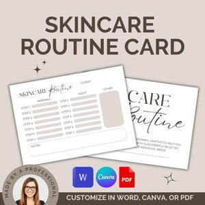 Kaartsjabloon huidverzorgingsschema voor schoonheidsspecialisten en medische spa's: bewerkbare huidverzorgingsroutinekaarten en -formulier in Word, Canva, pdf, recordtracker