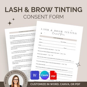 Lash & Brow Tinting Consent Form for Estheticians: Customizable Digital Forms on Word, Canva, or PDF for Eyelashes and Eyebrows Med Spas