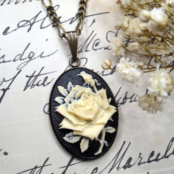 Dainty vintage rose cameo necklace. Delicate victorian style ivory rose jewelry.