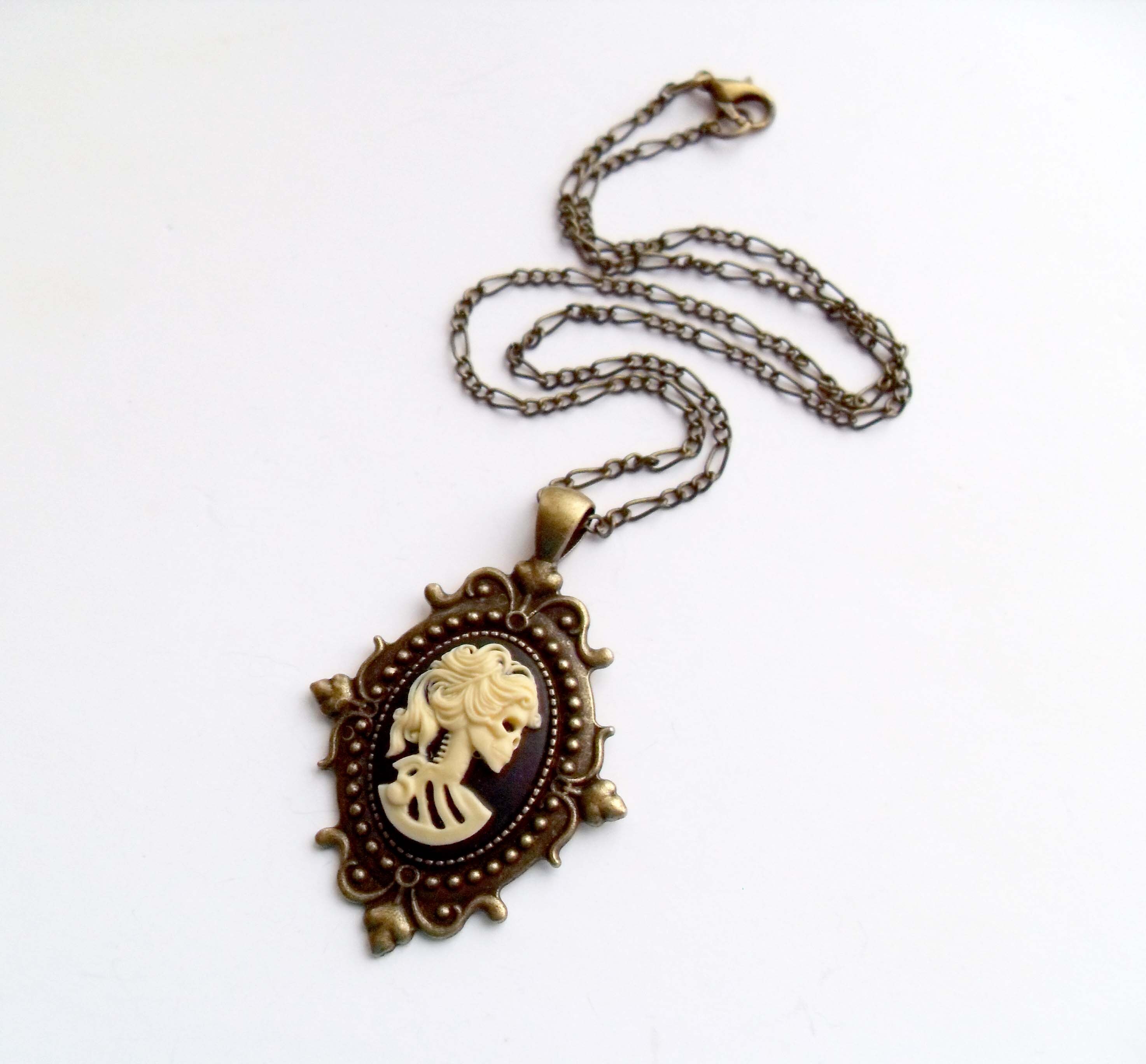 Gothic bronze lady skull cameo necklace Nu Goth Memento mori | Etsy
