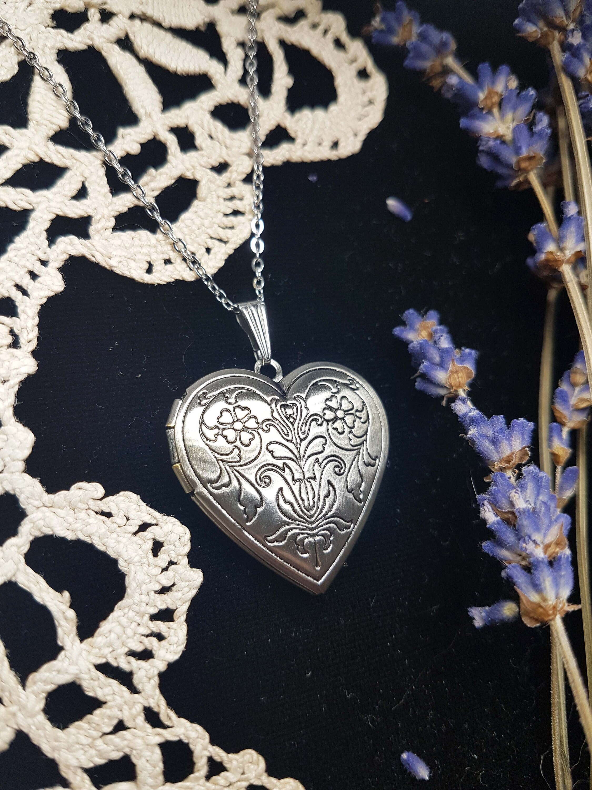 Gothic Victorian engraved heart locket necklace. Large photo Etsy