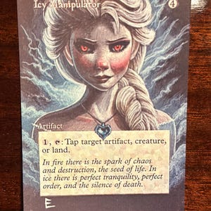 May include: A Magic: The Gathering card featuring a woman with long white hair and red eyes. The card is titled "Icy Manipulator" and has a mana cost of 4. The card text reads: "1, : Tap target artifact, creature, or land. In fire there is the spark of chaos and destruction, the seed of life. In ice there is perfect tranquility, perfect order, and the silence of death."