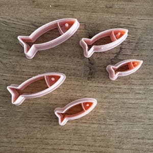 Può includere: Cinque formine per biscotti a forma di pesce di varie dimensioni. Ogni formina ha un contorno rosa chiaro con un interno marrone e un piccolo accento arancione. Le formine sono disposte su una superficie di legno.