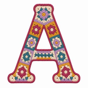 May include: A capital letter A constructed from multiple crocheted granny squares featuring floral motifs in shades of magenta, mustard yellow, teal, lavender, and cream, all bordered by a thick, solid magenta crocheted edge.