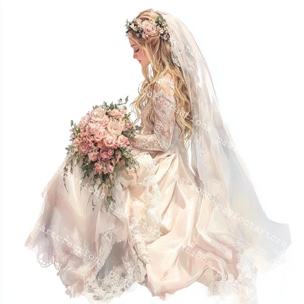 22 Wedding Bide Clipart Set: Bride, Bouquet, Gown - Watercolor