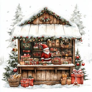 11 Christmas Market Clipart, Christmas Shop, Christmas Clipart, Printable Watercolor, Wysokiej jakości JPGs, Papercraft, Junk Journal
