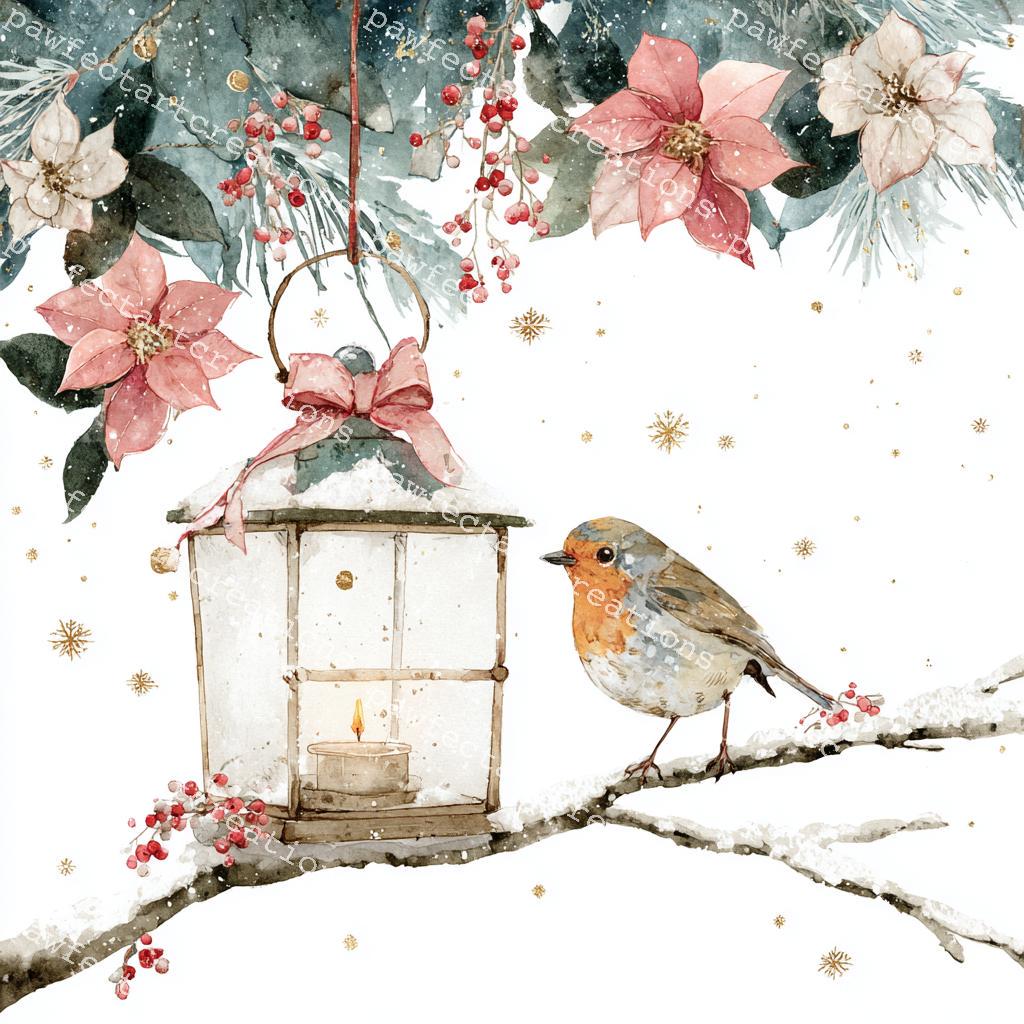 momorin水彩画 鳥とクリスマスオーナメント　値段は※900円です クリスマスランタンと鳥のクリップアート15点、クリスマスカード