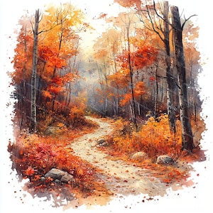 Autumn Forest Trail Watercolor Clipart: Landscape JPGs (Digital Download)