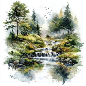 22 Forest Landscape Clipart, Greenery Landscape, Nature Clipart, Printable Watercolor, High-Quality JPGs, Junk Journal, Digital Craft