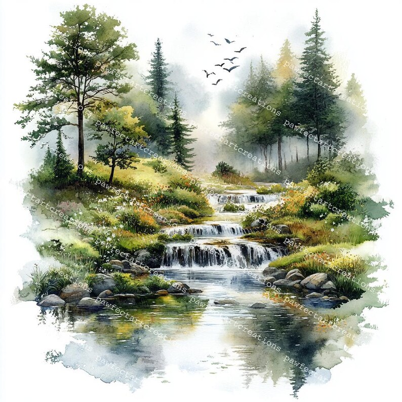 22 Forest Landscape Clipart, Greenery Landscape, Nature Clipart, Printable Watercolor, High-Quality JPGs, Junk Journal, Digital Craft