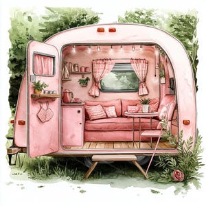 10 imágenes prediseñadas de caravana acogedora de color rosa, caravana retro, imágenes prediseñadas de acuarela imprimibles, archivos JPG de alta calidad, manualidades de papel, diario basura