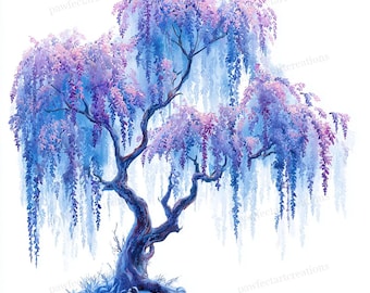May include: A digital painting of a wisteria tree in full bloom. The tree features a dark, textured trunk and branches, with cascading clusters of purple and lavender flowers. The background is a soft, light blue.