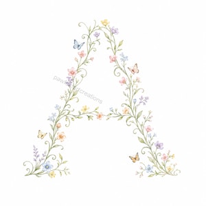 26 Butterfly Alphabet Clipart, Pastel Vine Watercolor JPG Letters, Floral Monogram, Digital Download, Commercial Use