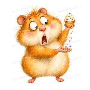 Op de afbeelding: Waterverfillustratie van een verraste hamster die een cupcake met kleurrijke hagelslag vasthoudt. De hamster heeft grote ogen en een open mond, met hagelslag die uit de cupcake in zijn andere hand valt. De hamster is oranje en wit.