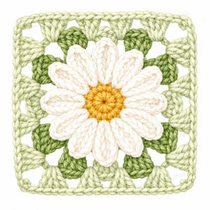 May include: A square crochet motif featuring a central white daisy with a yellow center, surrounded by layers of light green and dark green yarn stitches. The design is worked in a classic granny square pattern with a textured, hand-stitched appearance.